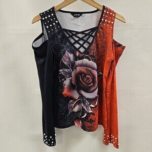 Chick Me Long Sleeve Open Shoulder Shirt Womens Large Black Red Rose